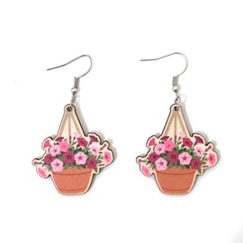 Hanging Plants Flower Petunia Wood Cut Cute Fun Drop Earrings for Women Jewelry Gift (Petunia)