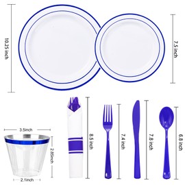 WELLIFE 210 Piece Blue Disposable Dinnerware Set,Plastic Plates for Party, Include: 30 Dinner Plates, 30 Dessert Plates, 30 Pre Rolled Napkins with Gold Silverware and 30 Gold Cups