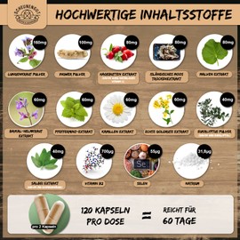 Lung Power - Lung Herb Capsules Strong - Important: Laboratory Tested 14-Way Complex with Lung Herb, Ginger, Rose Hip, Icelandic Moss, Selenium, Sage and Much More I 120 Capsules I from DE I Schunengut®