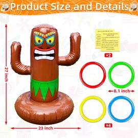 25" Inflatable Luau Tiki Pool Toss Games, Tiki Pool Ring Toss Toys with 4 Rings for Boys Girls Adults Indoor Outdoor Tropical Summer Swimming Inflatable Bean Bags Toss Hawaiian Luau Party Supplies