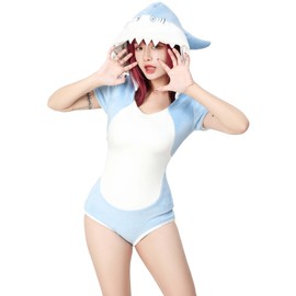 Mobbunny - Mameluco de tiburón para mujer, pijama de entrepierna, color azul, ropa de dormir con capucha, Azul, XL