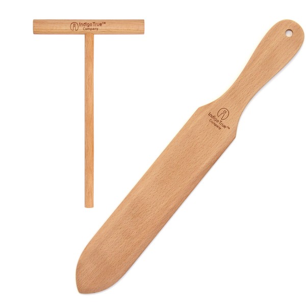 The ORIGINAL Crepe Spreader and Spatula Kit - 2 Piece Set (4” Spreader and 14” Spatula) Convenient Size to Fit Small Crepe Pan Maker | All Natural Beechwood Construction only From Indigo True Company