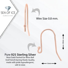 Sea of Ice 925 Rose gold flashed Sterling Silver Ear Wires Ball End French Earring Hooks for Drop Dangle Earrings Jewelry Making, DIY Jewelry Findings Parts 12 Pcs/ 6 Pairs