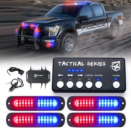 Xprite Red Blue LED Surface Mount Strobe Police Lights Kit, w/Control Panel Emergency Safety Warning Flashing Grille Cop Marker Light Assembly for Vehicles Trucks ATV UTV Motorcycle 4PCS
