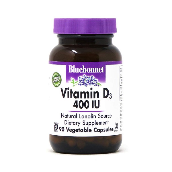 Bluebonnet Nutrition Vitamin D3 400 IU Vegetable Capsule, Aids in Muscle and Skeletal Growth, Cholecalciferol from Lanolin, D3, Non GMO, Gluten Free, Soy Free, Milk Free, Kosher, 90 Vegetable Capsule