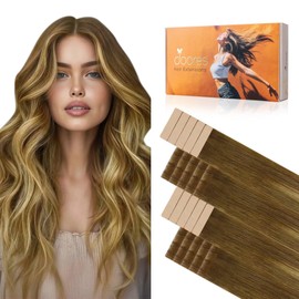 DOORES Invisi Edge Tape in Hair Extensions Real Human Hair, Medium Brown Highlighted Dirty Blonde 10 Injection Tape-ins with 10 Classic Tape-ins 50g 14 Inch, Injection Tape in Extensions