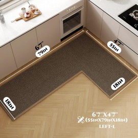 L Shape Kitchen Mat, Anti-slip Corner Kitchen Mats for Floor, 1 Piece L Shape Rug, Absorbent Runner in Front of Sink, Washable Floor Rugs for Home,Kitchen,Office(Black/Brown Left-L,6'7" x 4'7" )