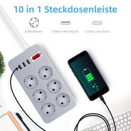 Steckdosenleiste mit Schalter, 6 Fach Mehrfachsteckdose mit Schalter,Mehrfachstecker Verlängerungskabel 10 in 1, Steckdosenleiste Mehrfachsteckdose mit USB C und Schalter für Zuhause Küche Büro