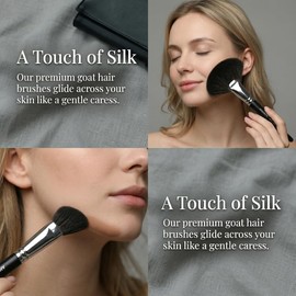 Set de 5 Brochas de Maquillaje Profesionales de Pelo de Cabra Natural: Brochas para Polvos, Colorete, Contorno, Iluminador Y Base. Cerdas Supersuaves, Variedad de Brochas. Mango con Etiqueta.