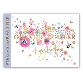 Words 'n' Wishes Granddaughter Female Birthday Card for Women/Girls - Bumblebees, Poppies & Floral Meadow with Embossed Gold Foil - Eco-Friendly