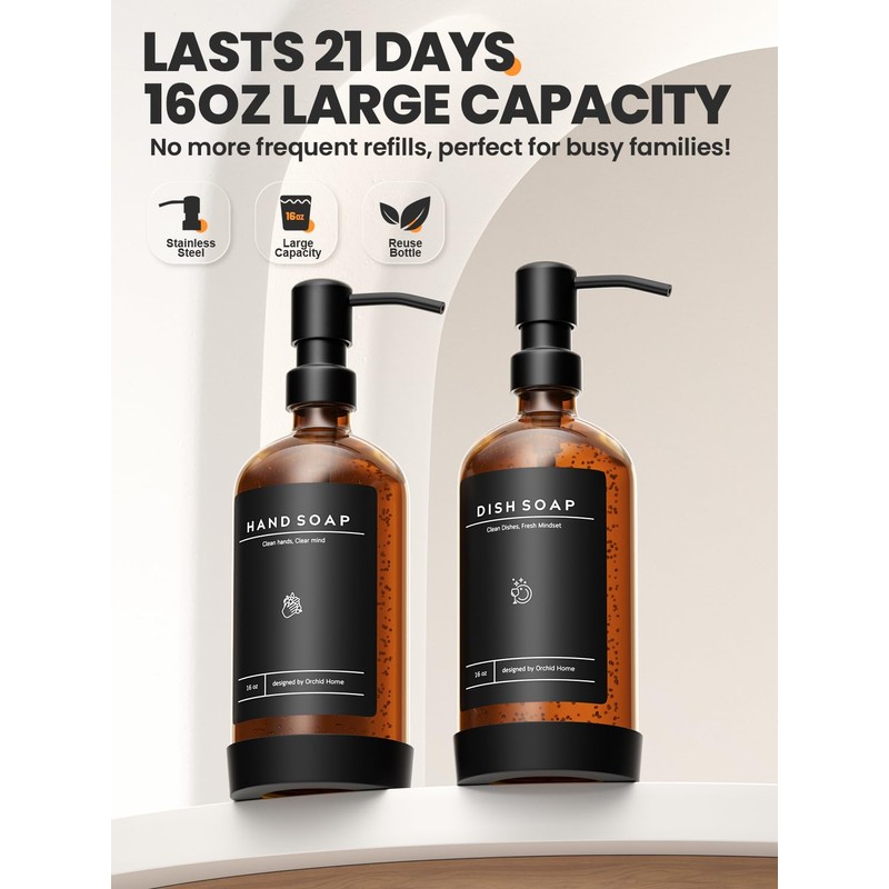 [Luxury] Kitchen Soap Dispenser Set - 16OZ Glass Bottle, Stainless