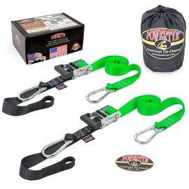 PowerTye 1.5 inch x 10ft Extra Long Ratchet Tie Down Straps, Heavy Duty with Carabiner Hooks, Soft-Tye & Bag, for Motorcycle, ATV & Cargo - 1,000 lb WLL - Made in USA - Green/Black Pair