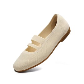 DEXJEWU Women’s Ballet Flats Knit Mary Jane Flat Comfort Walking Slip-on Dressy Work Driving Shoes with Straps, A Beige, 10 US