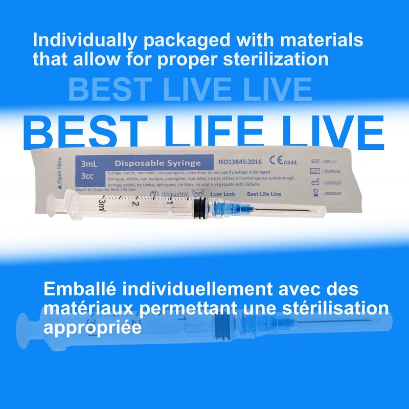 100Pack 3mL (3cc) Disposable Sterilized Syringe, Luer Lock, 23Ga x