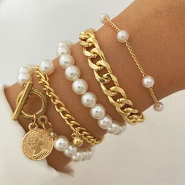 Gold Bracelet for Women Trendy Pearl Bracelet Bangles for Teen Girl Gifts Layered Gold Chain Bracelet Gifts for Girlfriend Sister Mother Aunt