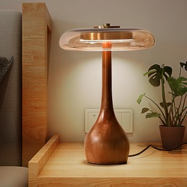 WTHTNROM Wood Base Table Lamp with Glass Shade, Vintage Industrial Desk Lamp for Bedroom, Living Room and Office, Scandinavian Style Lighting (Natural Wood & Clear Glass) (12.2Inch)