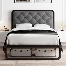 Feonase Twin Size Bed Frame, Upholstered Platform Bed Frame with No Box Spring Needed, No Box Spring Needed, Diamond Linen Headboard, 12" Storage Space, Noise Free, Easy Assembly, Dark Gray