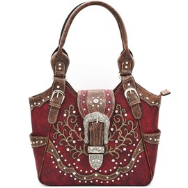 Western Style Tooled Leather Buckle Concealed Carry Purse Country Handbag Women Shoulder Bag Wallet Set (#4 Red Set)