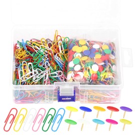 Cimeton 1000PCS Colorful Vinyl Coated Paper Clips and Vinyl-Coated Thumbtacks Assortment Kits Included 500pcs 27mm Paperclips 500pcs 11mm Flat Thumb Tacks for Office School Home