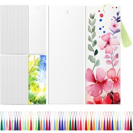 Skyygemm 100 Pcs Watercolor Paper Blank Bookmarks with Colorful Tassels DIY Book Marks Kit Cotton Watercolor Paper Bookmarks with Hole Bookmark Pad for DIY Classroom and Gifts Tags, 5.5 x 2 Inches