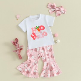 Easter Outfit Baby Girl Short Sleeve Bunny Chick Print Tops Flared Pants Headband Toddler Clothes Set (A Pink Bunny, 6-12 Months)