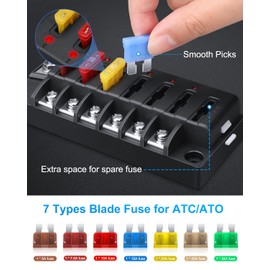 ELECTOP Upgraded 6 Way Blade Fuse Block Fuse Box with Single Positive Line Power Inputs, 6 Circuit Fuse Holder ATC/ATO Fuse Block Panel with LED Indicator for 12V/24V Car Truck Boat Marine