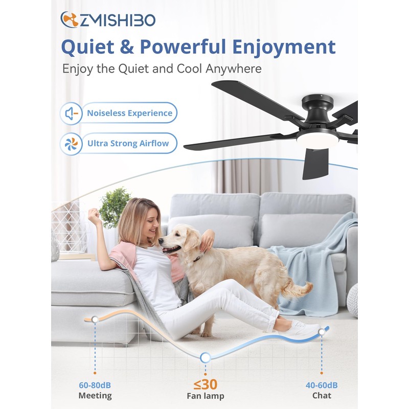 ZMISHIBO 52 Inch Ceiling Fan with Light, App&Remote Control, Flush