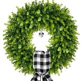 20 Inch Artificial Boxwood Wreath with Sash and Bell,Large Spring Summer Wreaths for Front Door,Green Wreaths for All Seasons as Farmhouse Wall Window Door Wedding Outside Decoration