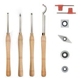 YUFUTOL Carbide Tipped Wood Turning tools Lathe set （Finisher/Rougher/Detailer/Hollower Swan Neck Hollower with Solid Wood Handle）and Diamond/Round/Square Carbide Inserts