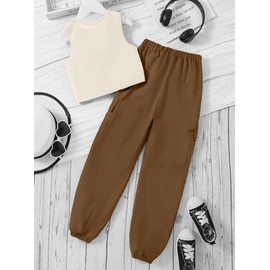 Ecolala Girls' 2 Piece Outfits Sleeveless Crop Tank Tops and Cargo Pants Clothing Set Brown 9-10Y