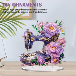 DIY Diamond Painting Kits Flower Sewing Machine Desktop Ornaments for Adults, Special Shaped Crystal Diamond Art Tabletop Kit, Stand Up 5D Gem Painting Crafts for Home Office Table Top Decor