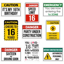 16th Birthday Decorations For Boys, Girls, Son, Daughter - Funny Birthday Warning Wall Signs - 9pcs of Thick UNFRAMRED Poster (8.8"x11.8") - 16 Years Old Party Decor, Funny Gift for Sweet Sixteen