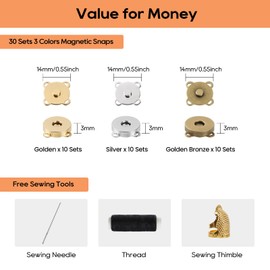 30Sets Magnetic Snaps Clasps with Sewing Accessories (Needle Thread Thimble) - Magnetic Purses Closure Buttons Clasps for Sewing DIY Craft, Purses, Bags, Clothes, Leather (14MM-3Colors)