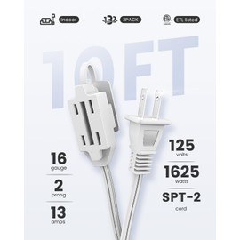 PLUGTUL Indoor Extension Cord 10 FT, 2 Prong White Extension Cord, 3 Polarized Outlets with Safety Cap Protect for Home Office, 16/2 SPT-2 ETL Listed, 3 Pack
