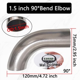 YONYONICE 2pcs 1.5 inch 90 Degree SUS304 Stainless Steel Mandrel Bend Exhaust Elbow,4.72"&2.95" Leg, Universal Intercooler/Intake Pipe for Automotive DIY,Silver polish，Exhaust System 1.5" Piping