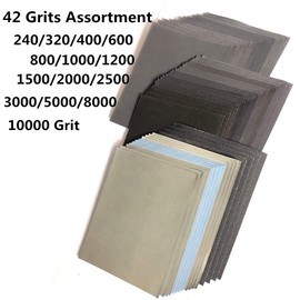 FEIHU Wet Dry Sandpaper.240 To 10000 Assorted Grit Sandpaper.14 x 11.5 cm Abrasive Paper Sheets for Automotive Sanding Wood Furniture Finishing Palm Sanders(42-Sheet Sandpaper)