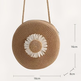 Women Straw Bags, Summer Beach Casual Crossbody Bag, Straw Purse Vacation Handbags Shoulder Bag, Diameter 16cm Thickness About 7cm, Brown