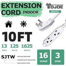 YOJOE 10 ft Flat Plug Extension Cord with Multiple Outlets 3 Prong, 3 Outlets Short Extension Cord, 16/3 SJTW Heavy Duty Extension Cord for Kitchen, Office, Appliance, UL Listed, White