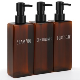 Segbeauty Shower Gel Dispenser, Pack of 3 Soap Dispensers, 500 ml, Shampoo Bottles for Filling, Soap Dispenser Shower with Printed Labels, Plastic Soap Dispenser (Brown)