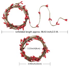 Saktopdeco Red Pip Berry Garland Artificial Red Berry Wreath Holly Berries Stamens Candle Rings for Christmas Ornament Floral Craft Decoration