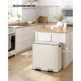 SONGMICS Trash Can, 2 x 10.6 Gallon (2 x 40 L) Garbage Can for Kitchen, with 15 Trash Bags, 2 Compartments, Plastic Inner Buckets and Hinged Lids, Airtight, Almond Color ULTB730A01V1
