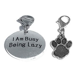 Hidden Hollow Beads Clip On Charm, Bag, Purse, Handbag, Message, Keychain, Zipper Pull, Bracelets, Necklaces, Jewelry (Pet Charm - I Am Busy Being Lazy), No Gemstone