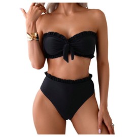 SOLY HUX Women's Bandeau Bikini Set Tie Knot Front Frill Strapless High Waisted Bathing Suit Two Piece Swimsuit Solid Black Large