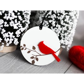 Memorial Christmas Ornament, Red Acrylic Cardinal on Engraved Wood Branch, Sympathy Gift for Loss of Loved One