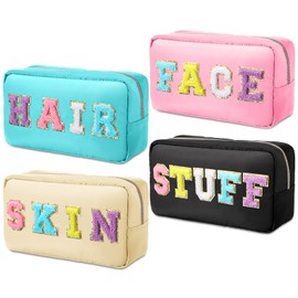4 Bolsas de Nailon de Cosmético con Letras de Chenilla Bolsa de Maquillaje Fresa con Cierre Set de Bolsa de Maquillaje Organizadora Impermeable con Parches para Mujer (Clásico, Stuff, Face)