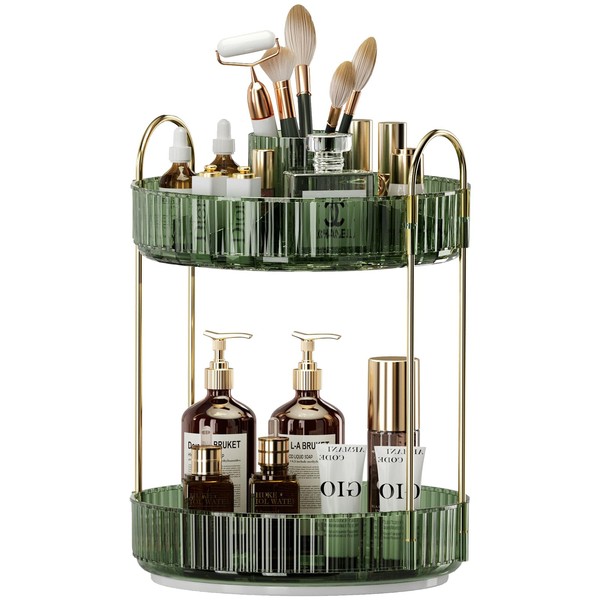 360° Rotating Makeup Organizer, Large-Capacity Skincare Make Up Storage 2 Tier Perfume Organizers Cosmetic Dresser Organizer with Makeup Brush Holder, Fits Bedroom, Bathroom, Vanity Shelf Countertop