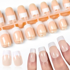 120Pcs 5 Packs Natural Beige Nude Press on Nails Glossy French Nail Art Tips Squoval False Nails Salon Manicure Kits Reusable Acrylic Nails Fake Fingernails for Women Girl with Jelly Glue Tabs