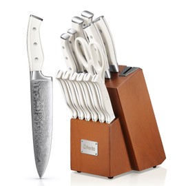 Knife Set, D.Perlla 14 Pieces Kitchen Knife Set with Bulit-in Sharpener, Stainless Steel Knives Block Set with Unique Waved Pattern, Non-slip Handle, White