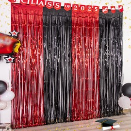 LOLStar 2025 Graduation Party Decorations, 4 Pack Red and Black 3.3x6.6 ft Foil Fringe Curtains Tinsel Metalitic Graduation Photo Booth Prop Streamer Backdrop for High School College University Party