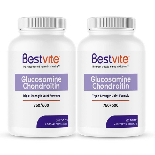 BESTVITE Glucosamine & Chondroitin Sulfate 750/600 Triple Strength (500 Tablets) (250 x 2) - Joint Support - No Stearates - Gluten Free